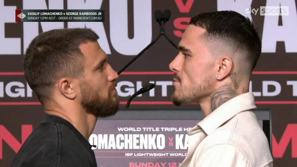 Longest face-off ever? Lomachenko and Kambosos pulled apart in intense stare-down