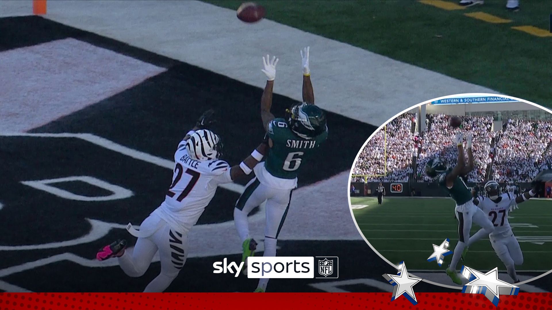 ‘FLY EAGLES, FLY!’ | Smith makes incredible over-the-shoulder TD catch!