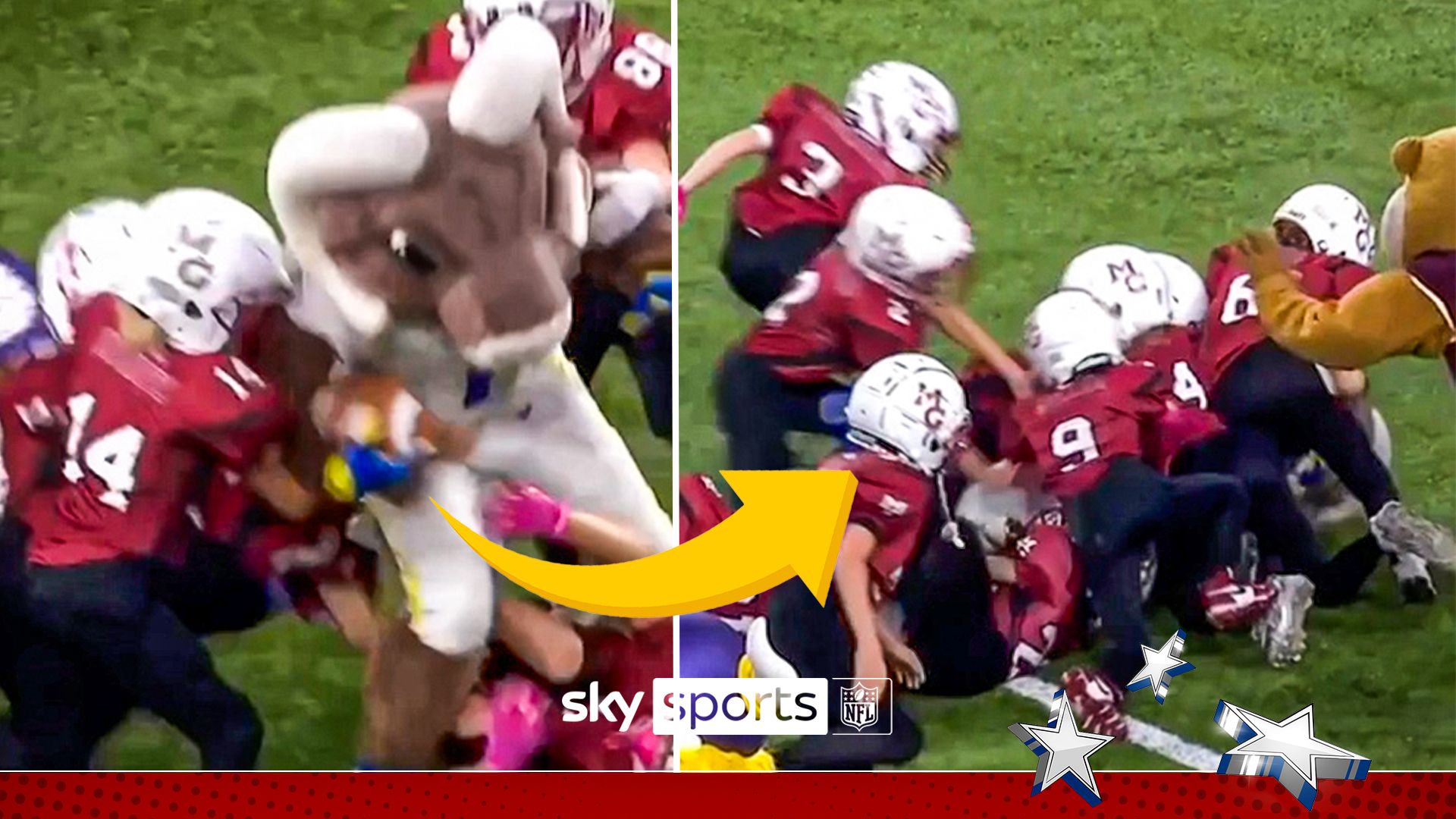 Hilarious half-time show as mascots take on kids at American Football!