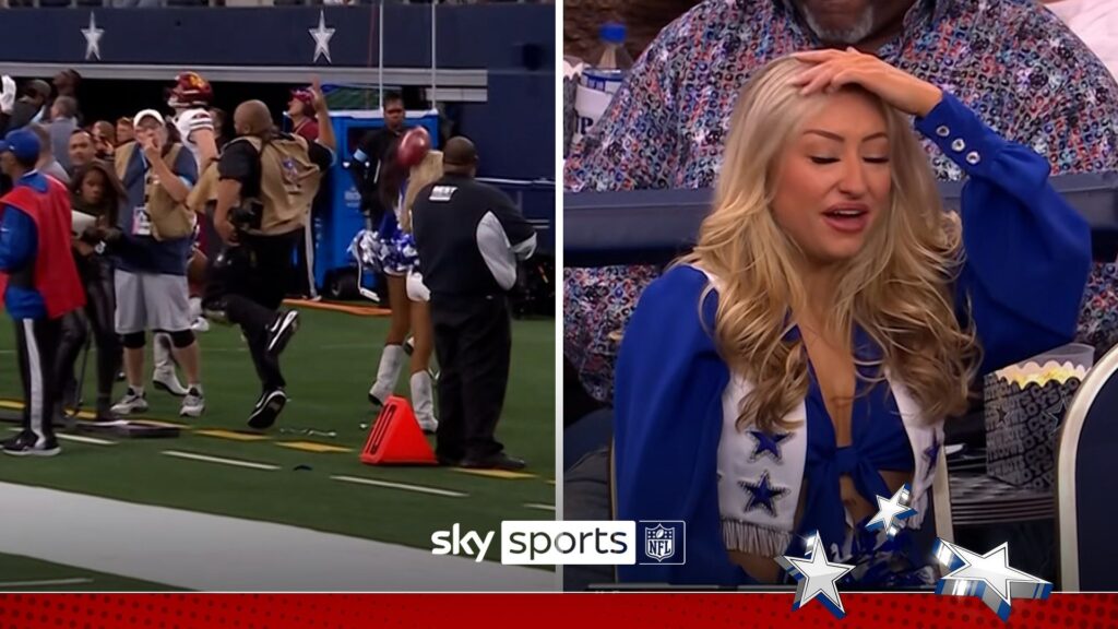 ‘That is friendly fire!’ | Cowboys cheerleader hit by kick-off!